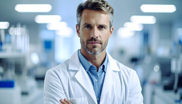 M&eacute;dico o cient&iacute;fico con bata blanca en laboratorio moderno con brazos cruzados y ambiente profesional de investigaci&oacute;n