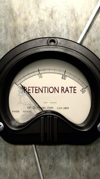 Retention rate meter showing low levels of retention rate. Minimum and decreasing retention rate value, below the norm. Lack of retention rate. None of it, insufficient.