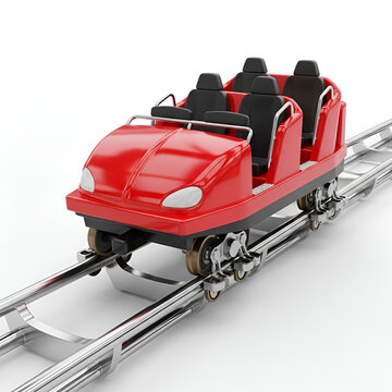 Red rollercoaster car on metal track isolated on white background