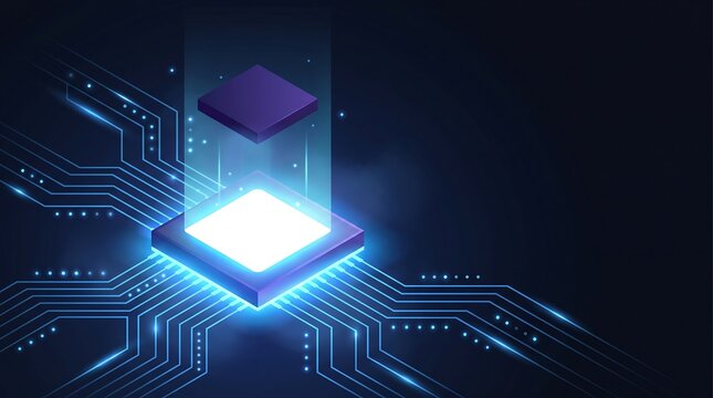 Futuristic digital processor chip with glowing white light and levitating square component on dark tech background representing advanced quantum computing and data science
