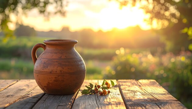 Jarra de barro sobre una mesa de madera al atardecer en un entorno natural tranquilo