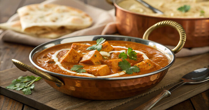 Indian cottage cheese tikka masala gravy garnished with fresh parsley and cream swirls. Appatizing paneer curry served with fresh tandoori naan and traditional side dishes on wood table