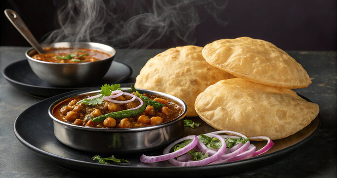 Hot steaming chole bhature served on a black plate with sliced red onions and green chili. Authentic punjabi chana masala served with puffed fried puri bread and fresh onion rings