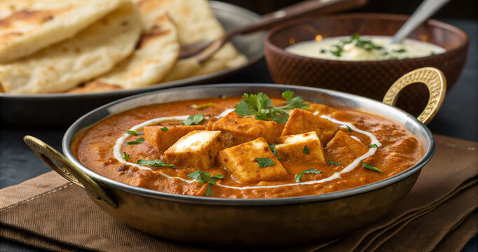 Paneer tikka masala in traditional copper kadhai bowl served with garlic naan bread and dipping sauce. Indian cottage cheese cube curry cooked in rich creamy tomato gravy with naan flatbread on table