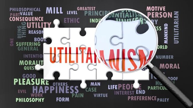 Utilitarianism under magnifying glass, being researched, studied and examined. Most important subjects and ideas closely related to utilitarianism written around a puzzle.Can be looped.