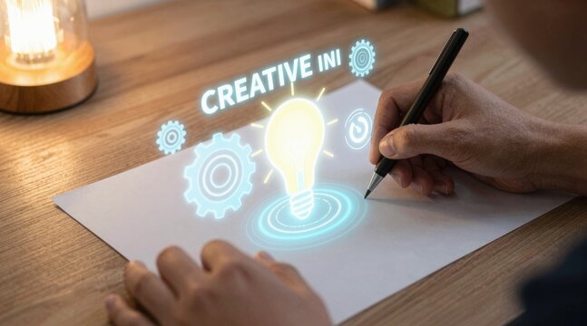 Content creator hand writing on notebook with digital content strategy hologram, creative social media marketing planning concept and online business editorial innovation in home office.