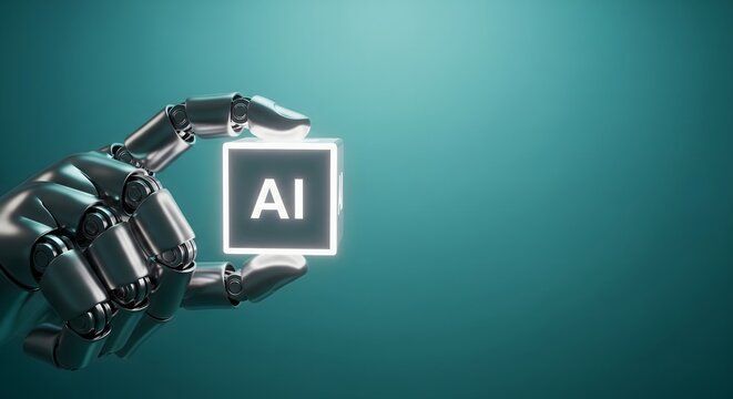 A metallic robotic hand holding a glowing cube with AI text against a dark blue background.