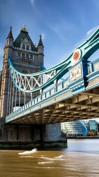 Tower Bridge in London, UK, United Kingdom. Time lapse in vertical video