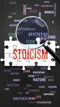 Stoicism under magnifying glass, being researched, studied and examined. Most important subjects and ideas closely related to stoicism written around a puzzle to symbolize complexity of stoicism.