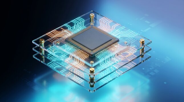 Transparent glass computer chip with intricate gold and blue circuitry layers floating in digital space representing futuristic data storage and advanced hardware architecture concepts