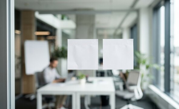 Blank white sticky notes mockup on a clear glass office wall