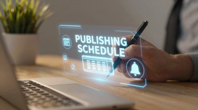 Content creator hand writing on notebook with digital content strategy hologram, creative social media marketing planning concept and online business editorial innovation in home office.