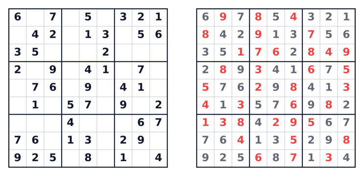 Easy Sudoku puzzles with empty squares and completed solutions displayed  
