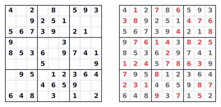 Easy Sudoku puzzle game solution with highlighted numbers and grid  