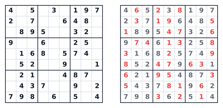 Easy Sudoku puzzle comparison showing solved and unsolved grids  