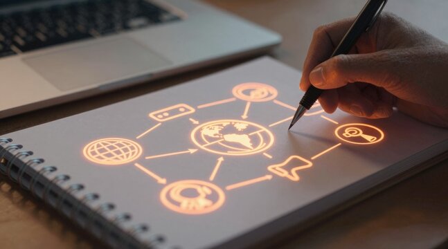 Content creator hand writing on notebook with digital content strategy hologram, creative social media marketing planning concept and online business editorial innovation in home office.