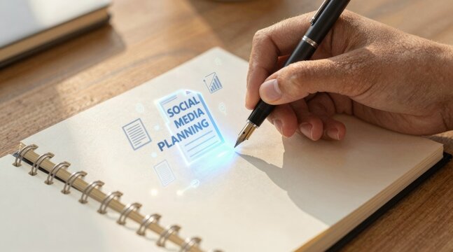 Content creator hand writing on notebook with digital content strategy hologram, creative social media marketing planning concept and online business editorial innovation in home office.