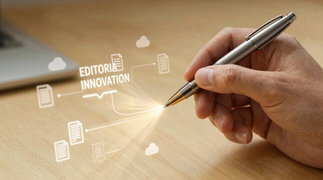 Content creator hand writing on notebook with digital content strategy hologram, creative social media marketing planning concept and online business editorial innovation in home office.