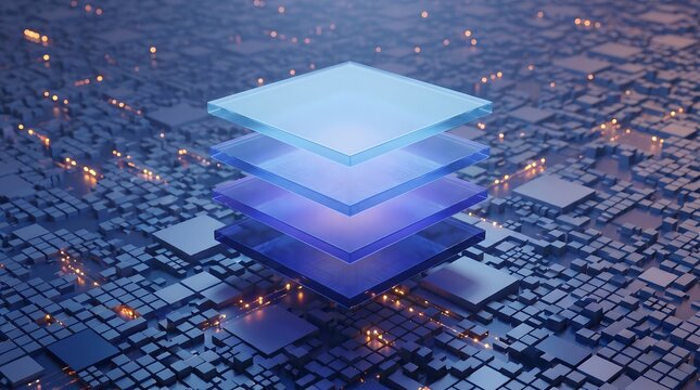 Floating transparent glass layers on high tech circuit board background illustrating multi level computing architecture and advanced data storage solutions for digital businesses