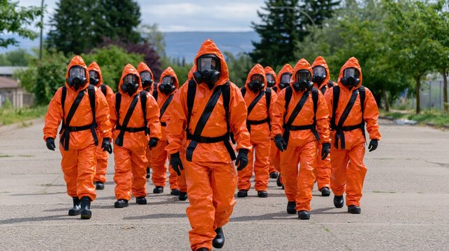 Group of emergency responders wearing full protective gear and respirators prepared for dangerous substance control and chemical defense.