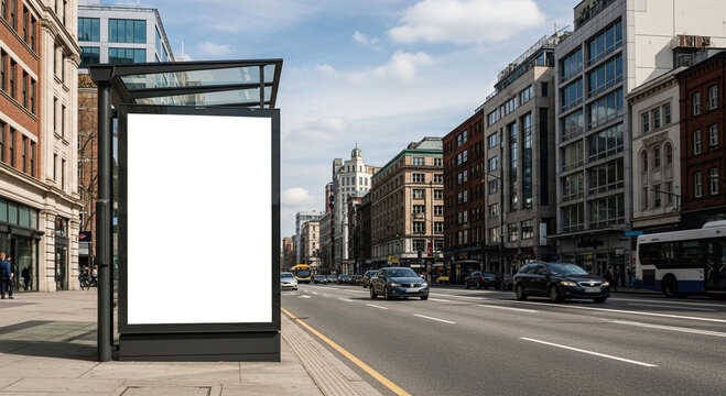 Vertical blank billboard mockup at a bus stop on a bustling urban street with passing traffic and classic city architecture.