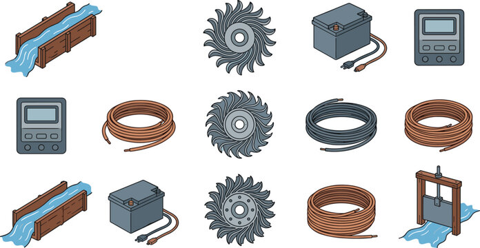 Micro Hydro Power Energy Generation Vector Set Featuring Water Turbines, Flumes, Sluice Gate, Battery Storage, Copper Wires, and Digital Controller Icons