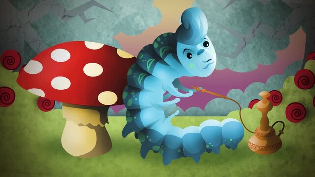 blue caterpillar from wonderland smoking hookah beside mushroom in forest