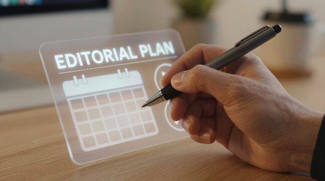 Content creator hand writing on notebook with digital content strategy hologram, creative social media marketing planning concept and online business editorial innovation in home office.