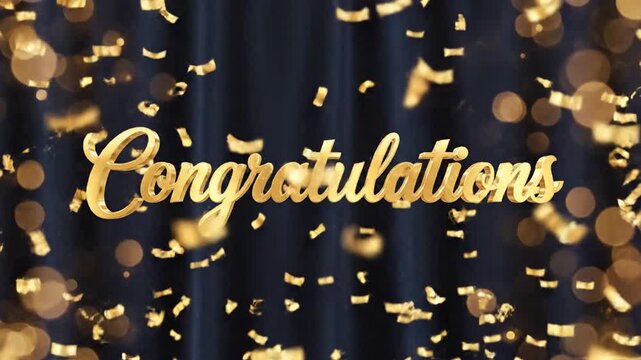 Golden confetti falls on Congratulations message on dark background