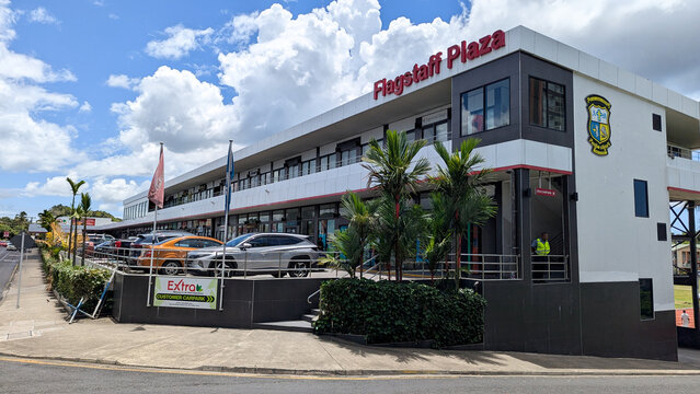 Exterior view of Flagstaff Plaza with restaurants, shops, and supermarket in capital city Suva in Fiji - taken on 17 Nov 2025