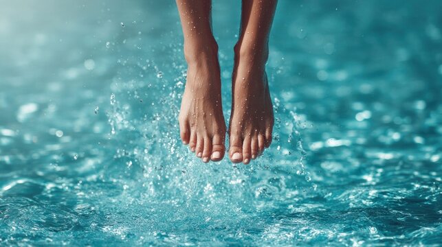 Feet jumping into water creating a splash with droplets and bubbles