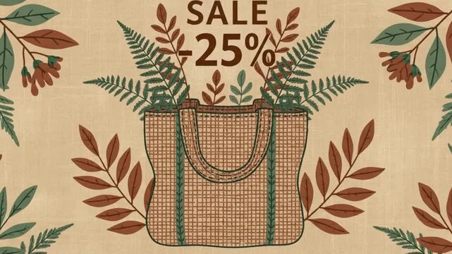 Animated botanical autumn sale banner showing 25 percent off discount with woven tote bag and leaves.