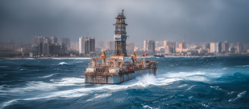 Weathered oil platform fighting storm waves, rusted deck and flared towers battered by gale, urban skyline looming behind while breakers and spray dramatize rugged maritime decay