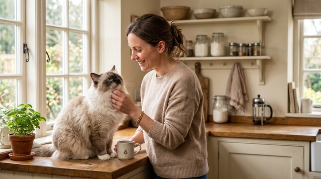Happy woman smiling and petting her fluffy Ragdoll cat on a wooden kitchen counter in a cozy home interior.