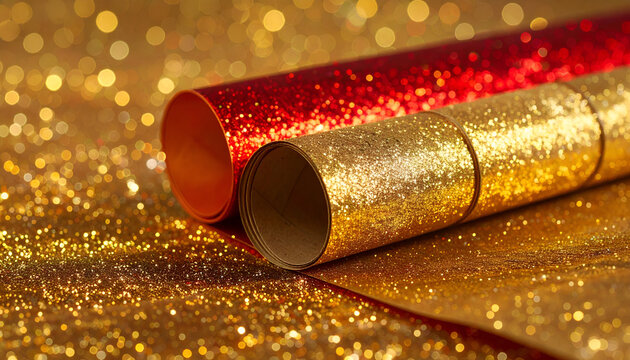 Sparkling Red and Gold Glitter Rolls on Bokeh Background.