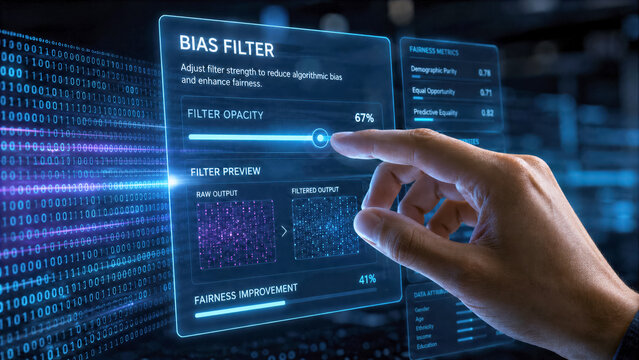 Close up of a holographic bias filter overlay on binary code stream with human hand adjusting software parameters