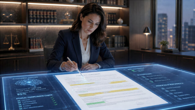Lawyer reviewing AI generated contract for legal ethics and compliance on a glowing high tech touch table screen