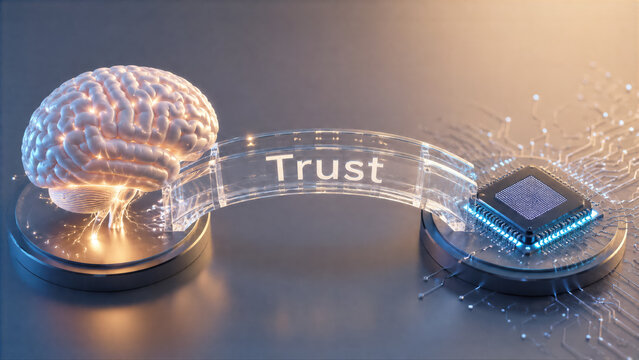 Abstract 3D render of a human brain and digital processor connected by a bridge with trust and ethics concept