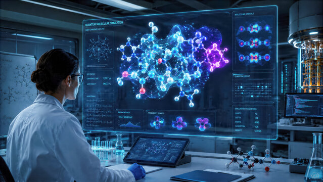 Scientist analyzing complex 3D molecular simulation generated by a quantum algorithm for drug discovery