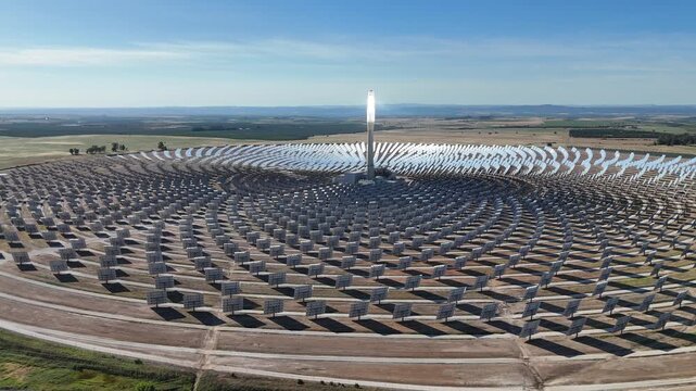 Aerial drone view of a concentrated solar power plant near Seville in Andalusia, Spain. Large field of heliostat mirrors surrounding the central solar tower used for renewable electricity generation.