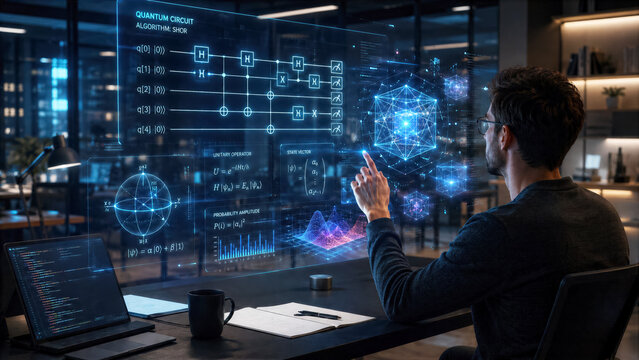 Holographic quantum logic gates floating in front of a programmer in a modern office with complex data