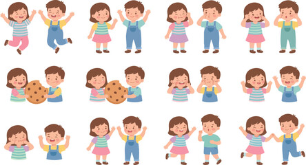 Fototapeta premium Cute Kids Cartoon Characters with Facial Expressions Set on White Background