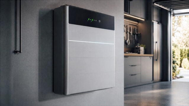 Close up of a sleek home battery storage system in a minimalist garage for renewable energy backup and efficiency