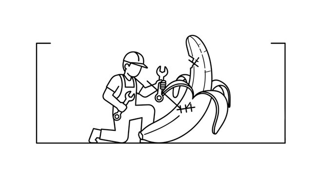 Repairman fixing a banana with tools, symbolizing creative problem-solving and innovation