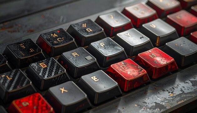 Close-up of a vintage mechanical keyboard with worn keys.