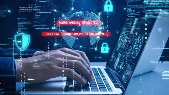 Cybersecurity Expert Typing on Laptop with Futuristic Digital Data Overlay and Network Protection Interface.