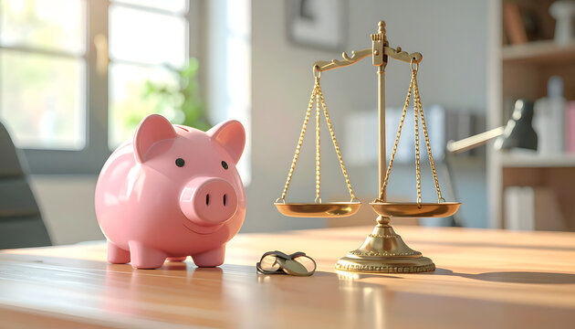 Piggy Bank and Scales of Justice Symbolizing Financial Law and Divorce Settlements.