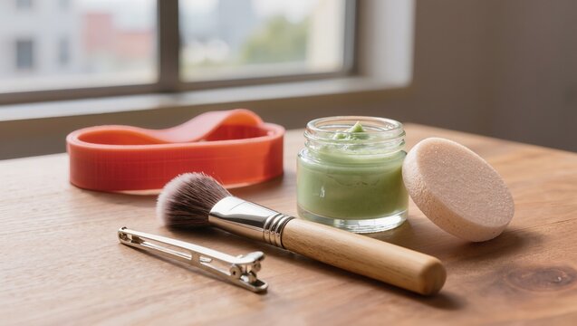 A glass jar of green face cream next to a cosmetic makeup brush, sponge, and hair band on a wooden table. Concept of skincare routine, beauty industry, and cosmetics marketing