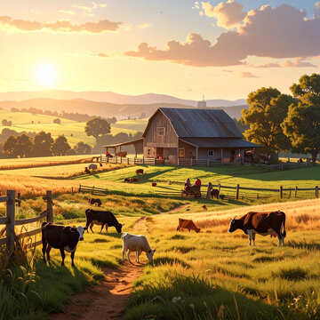 Golden sunset over rural farm