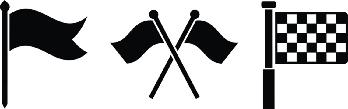 Minimalist black and white flag icons for sports racing and map location design elements